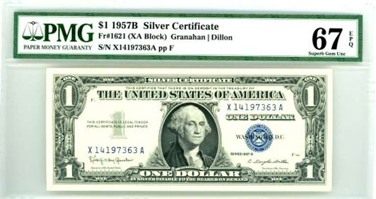 1957-B $1 US Silver Certificate in PMG 67