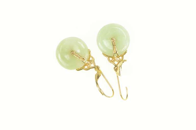 14K Yellow Gold Chinese Jade Circle Bi Symbol Statement Earrings