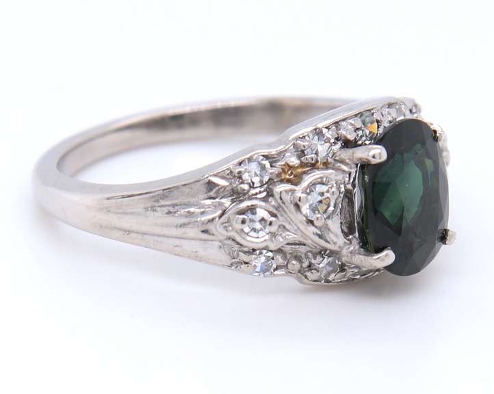 Vintage White Gold oval Green Sapphire and Single Cut Diamond Ring