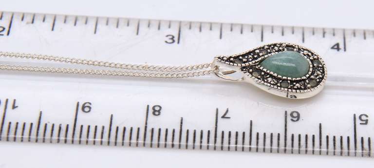 Vintage 925 Sterling Silver Jade and Marcasite Pendant on Chain
