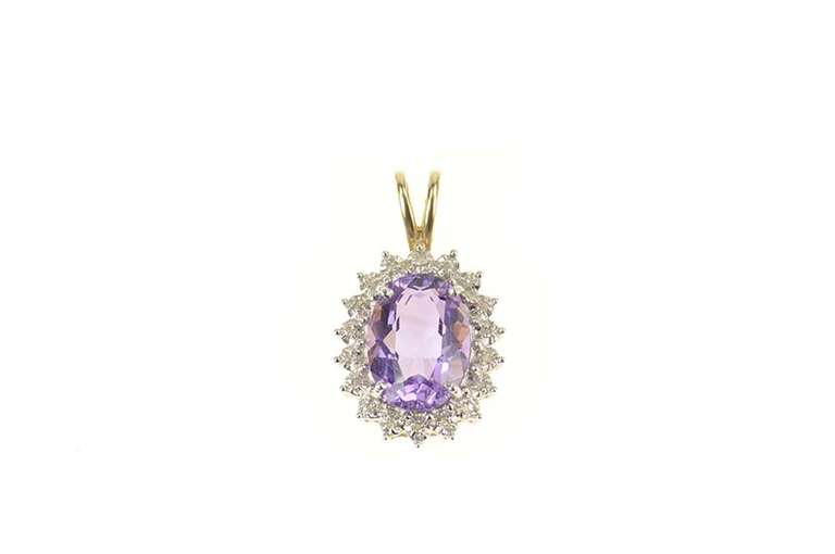14K Yellow Gold Oval Amethyst Diamond Halo Statement Pendant