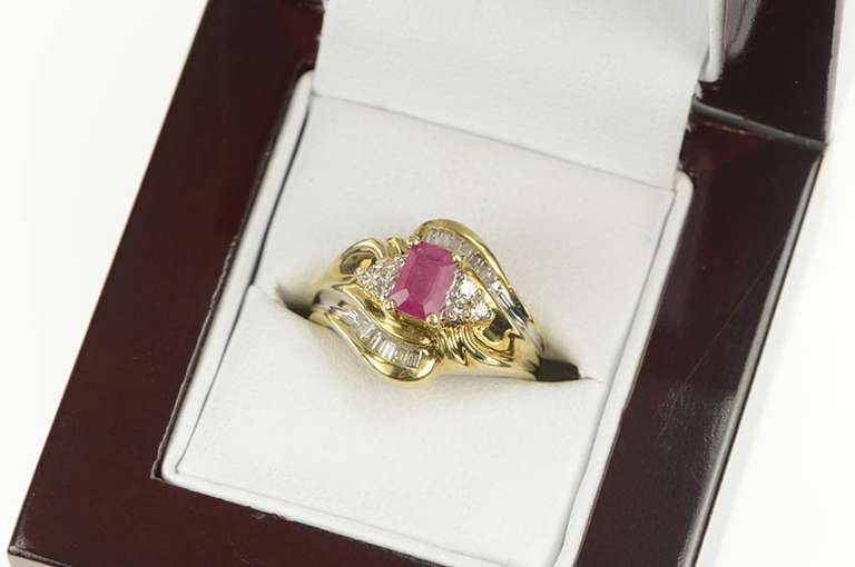 10K Yellow Gold 0.85 Ctw Natural Ruby Baguette Diamond Ring