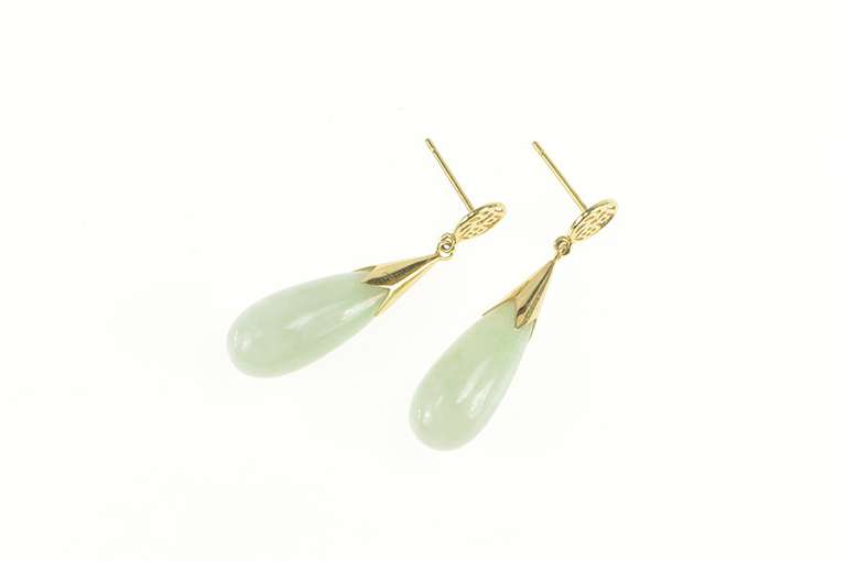 14K Yellow Gold Jade Tear Drop Chinese Character Dangle Earrings