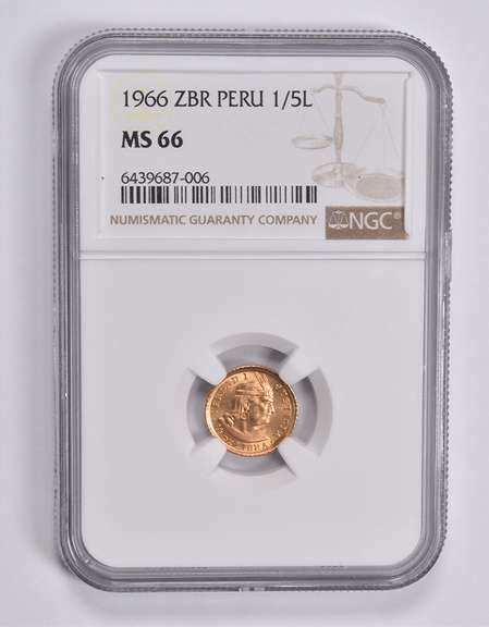 MS66 1966 ZBR Peru 1/5 Lima Gold Coin NGC