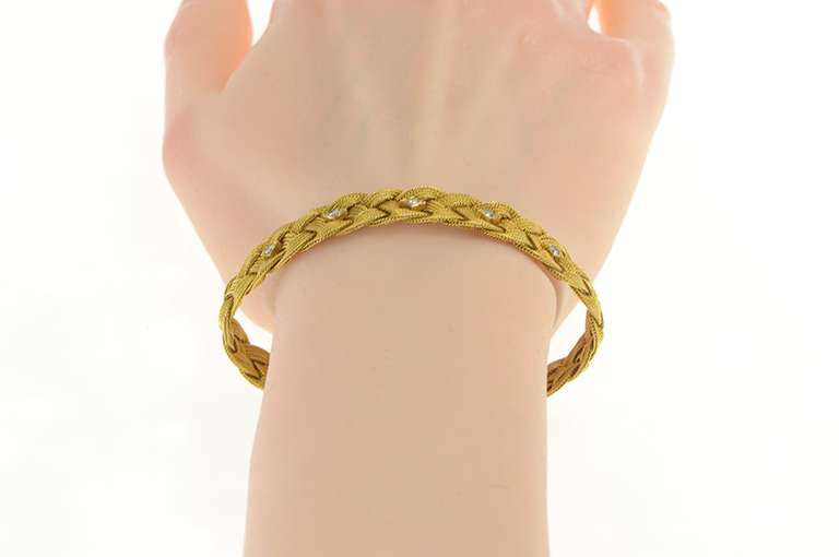 14K Yellow Gold 1950's Diamond Plait Braid Woven Chain Bracelet