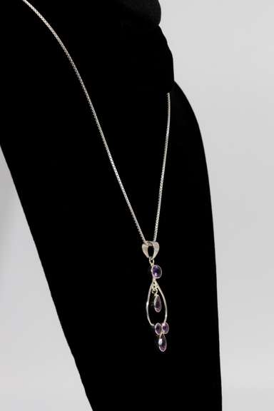 .925 Sterling Silver Pendant w/ Amethyst Gem Stones 64mm x 21mm