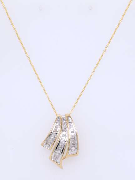 Powerful Yellow Gold Baguette Fan Slide Diamond Pendant on Chain