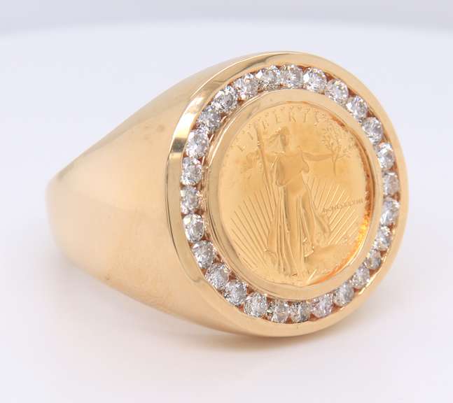Magnificent Liberty Coin with Round Brilliant Cut Halo Diamond Ring