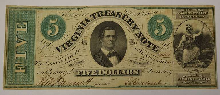 May 13th 1862 $5 Virginia Treasury Note, Circulated.