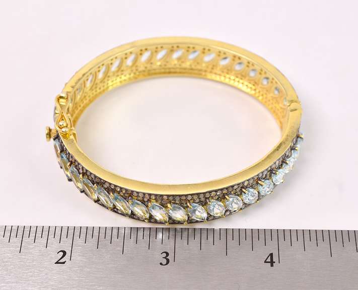 Fantastic 22.02CTW Sky Blue Topaz & 6.00CTW Diamond Bangle Bracelet in Gold Plated Sterling Silver