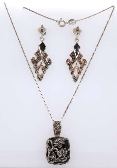 Set of 925 Sterling Silver Marcasite and Black Onyx Pendant on Chain With Dangle Earrings