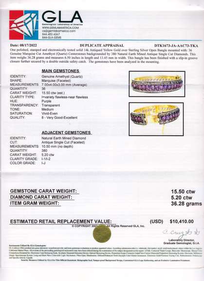 Spectacular 15.50CTW Marquise Cut Amethyst & 5.20CTW Diamond Bangle Bracelet in Gold Plated Sterling Silver