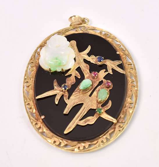 Ornate Chinese Themed Black Stone Pendant in 14K Yellow Gold with Jade, Sapphires, and Rubies