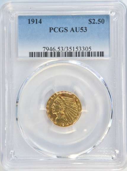 Near Mint key date 1914-P $2.50 Indian Gold Piece. PCGS AU53