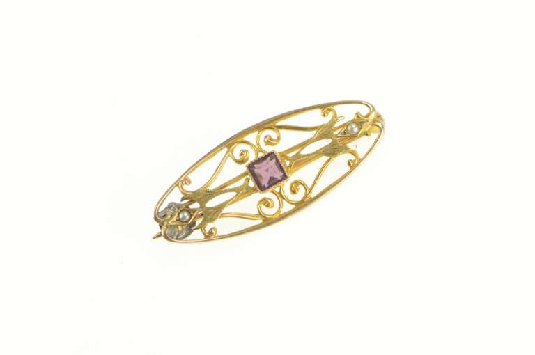10K Yellow Gold Victorian Amethyst Seed Pearl Filigree Pin/Brooch