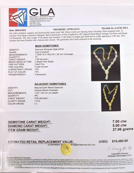 Marvelous 7.00CTW Ethiopian Opal W/ Fire & 5.00CTW Diamond Necklace in Gold Plated Sterling Silver