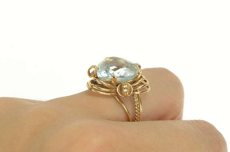 14K Yellow Gold 1950's Blue Topaz Ornate Heart Love Symbol Ring