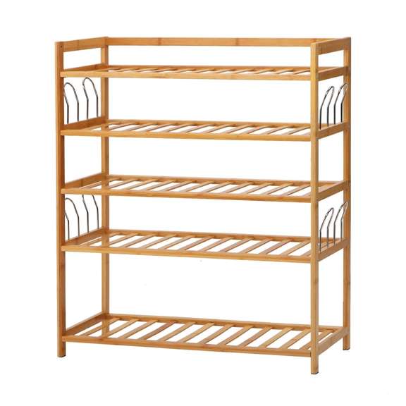 5 Tier Bamboo Shoe Rack Shelf with 8 Metal Side Hanger