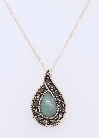 Vintage 925 Sterling Silver Jade and Marcasite Pendant on Chain