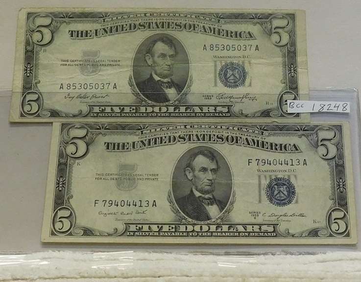 2 Notes: $5. 1953 & 1953-B Silver Certs almost Unc