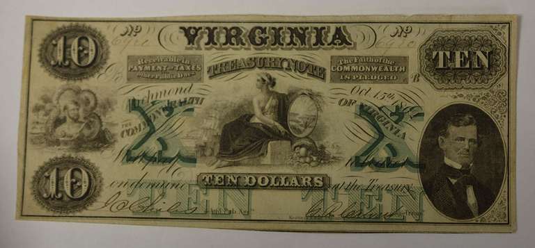 October 15th 1862 $10 Virginia Treasury Note, Circulated.