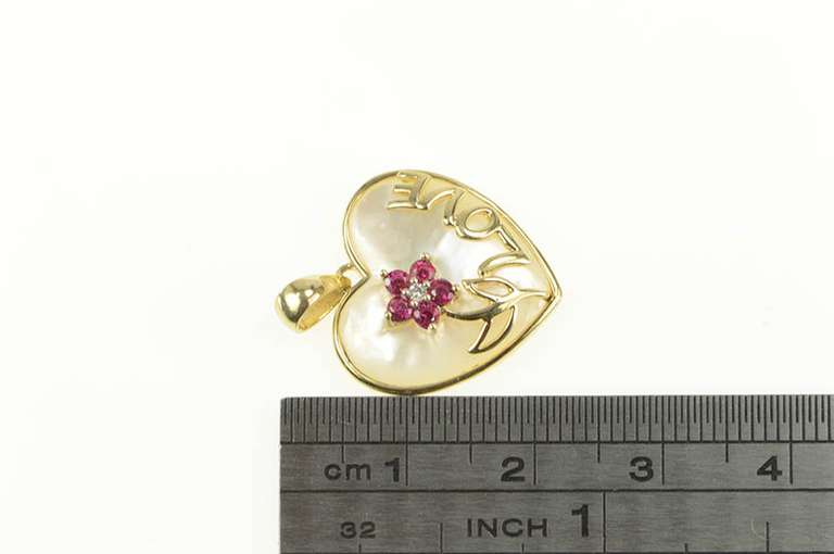 10K Yellow Gold Mother of Pearl Heart Love Ruby Diamond Flower Pendant