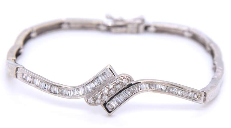 Spectacular 18kt White Gold Baguette and Round Brilliant Cut Diamond Necklace, Bracelet and Earrings Set