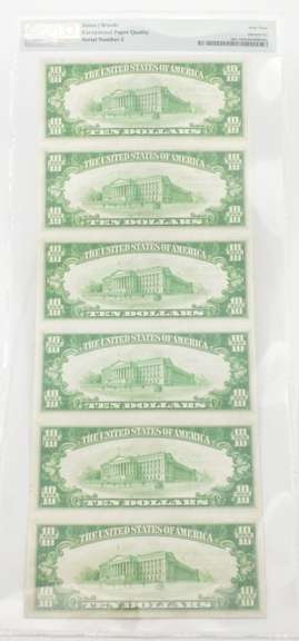 (6) Uncut Sheet 1929 $10 FR#1801-1 Nat'l Currency PMG 63 EPQ Ch UNC
