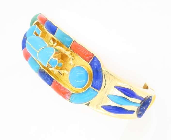 Lapis, Coral, and Turquoise Bangle Bracelet made in 14k