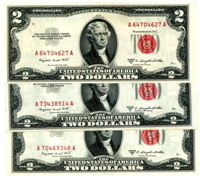 3 1953-B $2 Red Seal US Notes