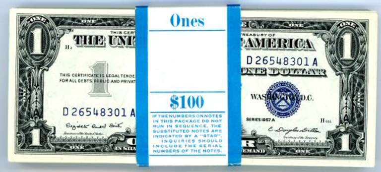 Bank-Wrapped Pack of 100 $1 Blue Seal 1957-A Silver Certificates