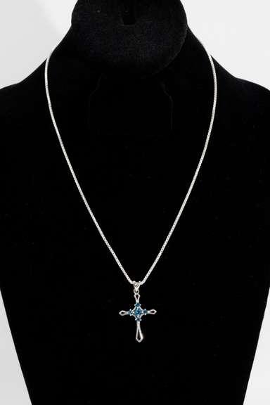 .925 Sterling Silver Cross w/ Natural Blue Topaz Gem Stones 40mm x 24mm