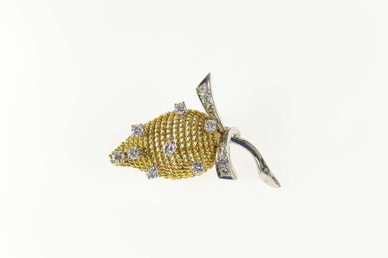 14K Yellow Gold 0.48 Ctw Retro Diamond Two Tone Flower Bud Pin/Brooch