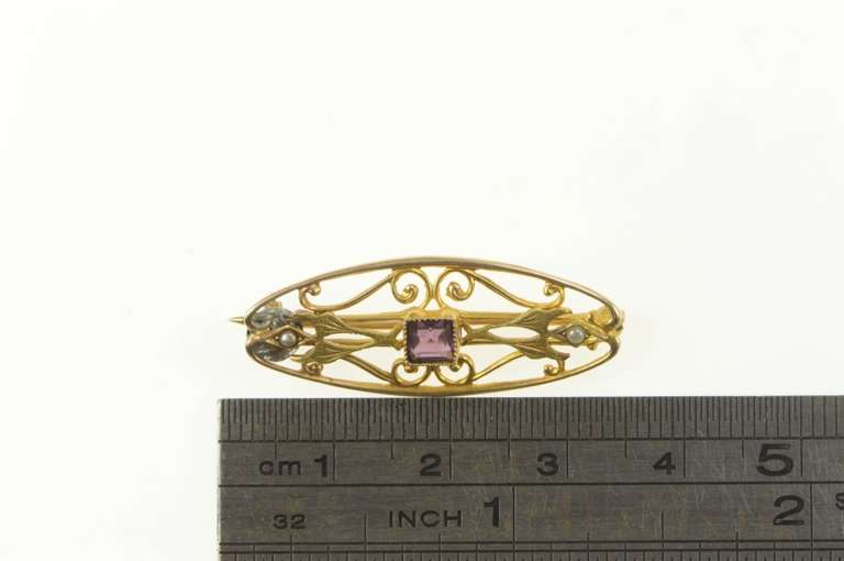 10K Yellow Gold Victorian Amethyst Seed Pearl Filigree Pin/Brooch