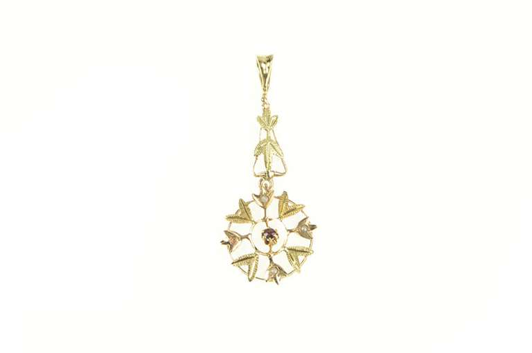 14K Yellow Gold Victorian Ornate Leaf Motif Garnet Seed Pearl Pendant