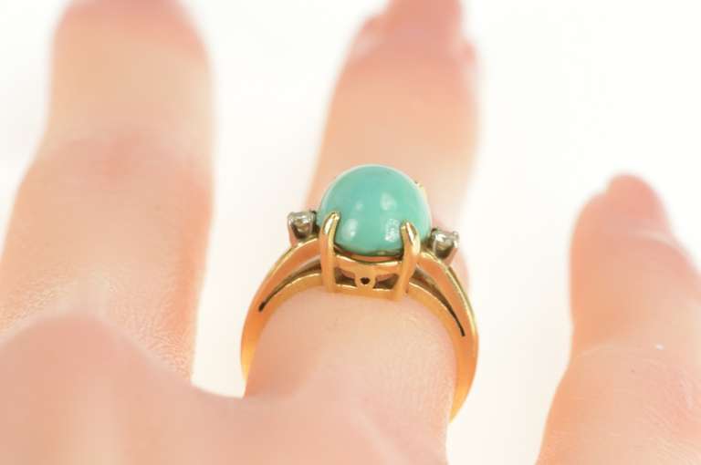 14K Yellow Gold Oval Turquoise Diamond Accent Statement Ring