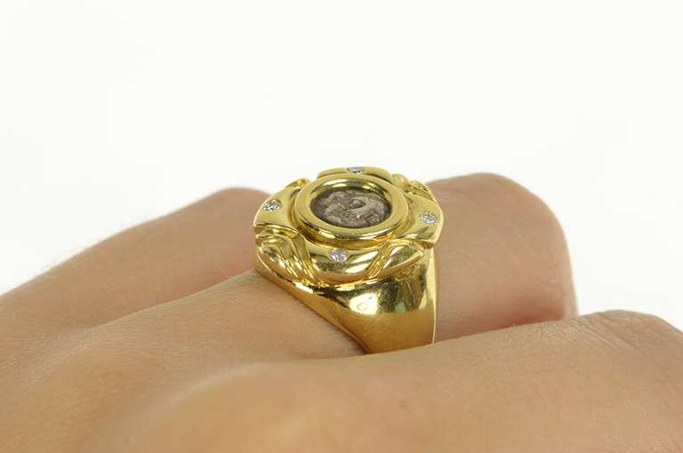 18K Yellow Gold Ornate Diamond Ancient Greek Coin Statement Ring