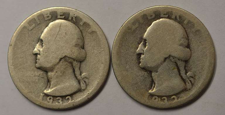 Lot Of 2 1932 D & S Washington Quarters, Circulated.