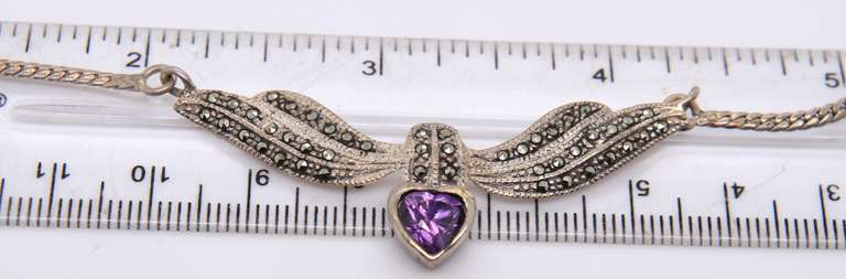 925 Sterling Silver Heart Shaped Amethyst and Marcasite Necklace
