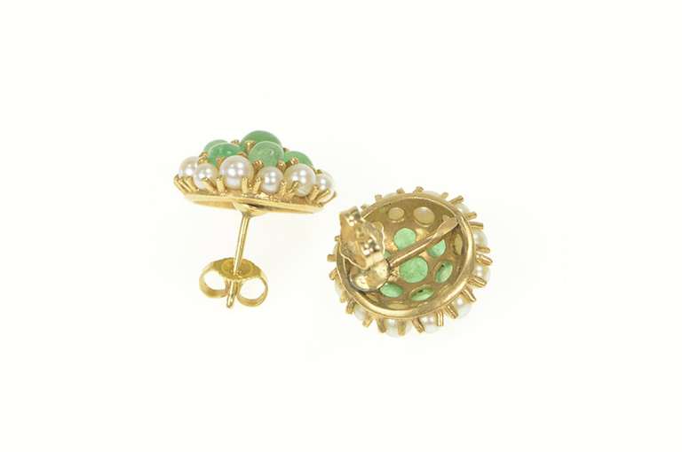 14K Yellow Gold Victorian Emerald Seed Pearl Cluster Stud Earrings