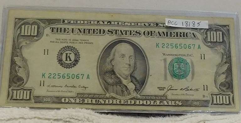 1985 $100. Fed Res Note nice, almost Unc