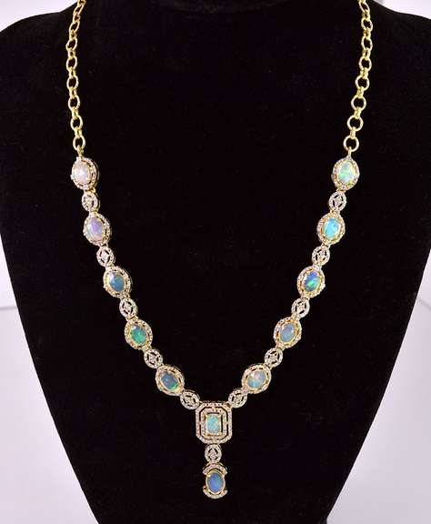 Marvelous 7.00CTW Ethiopian Opal W/ Fire & 5.00CTW Diamond Necklace in Gold Plated Sterling Silver
