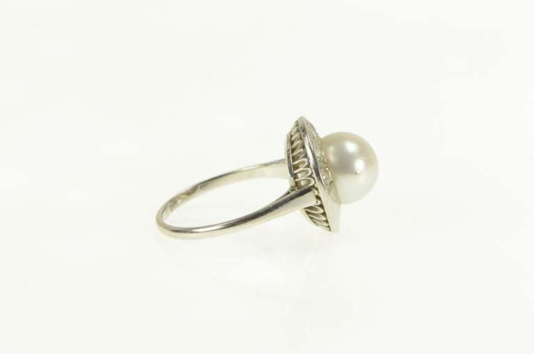 14K White Gold 1950's Pearl Diamond Semi Halo Engagement Ring