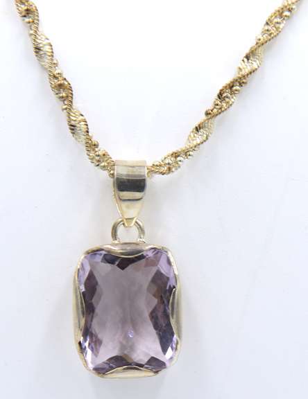 Vintage Sterling Silver Purple Glass Pendant on Rope Chain