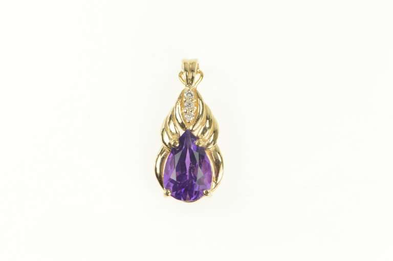 14K Yellow Gold Pear Amethyst Diamond Flowing Curve Drop Pendant