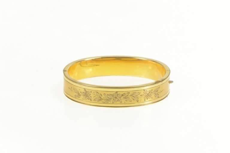 Gold Filled Squared Floral Pattern Engraved Bangle Bracelet