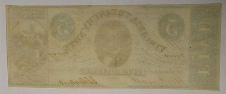May 13th 1862 $5 Virginia Treasury Note, Circulated.