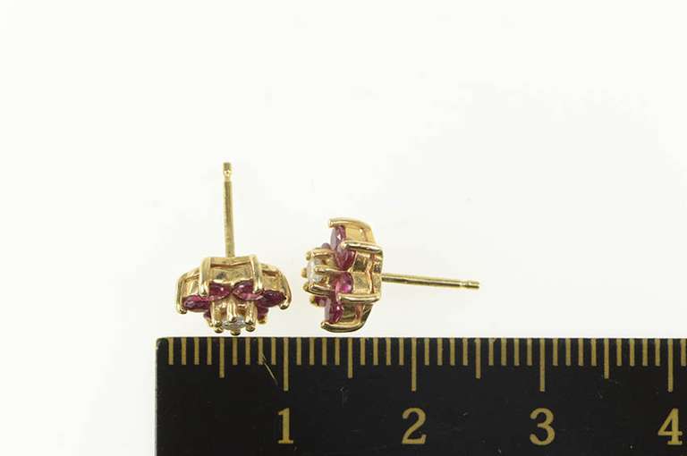 14K Yellow Gold Diamond Ruby Flower Halo Cluster Stud Earrings