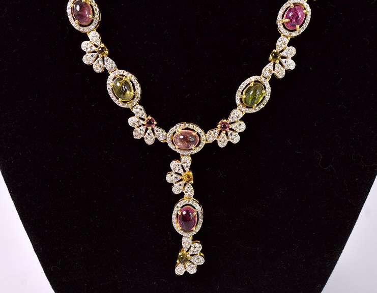 Fantastic Floral 10.75CTW Tourmaline & Approx. 5.00CTW Diamond Necklace in Gold Plated Sterling Silver