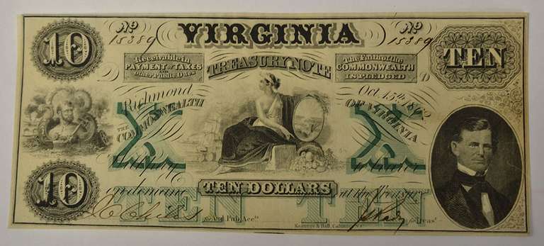 October 15th 1862 $10 Virginia Treasury Note, Circulated.
